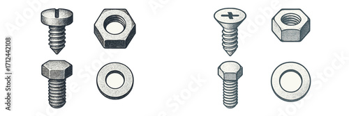 Different types of screws, nuts, and washers displayed on a neutral background