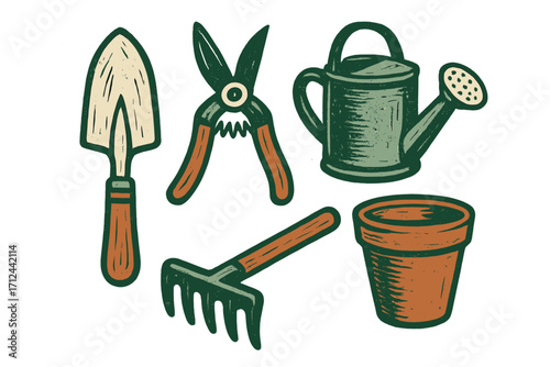 Assortment of gardening essentials like a trowel, pruners, watering can, hand rake, and flower pot for spring planting