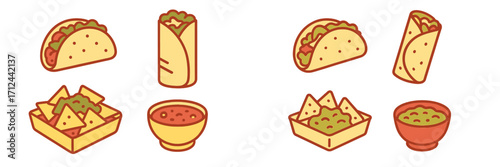 Colorful illustrations of tacos, burritos, nachos, and dips in a fun, vibrant style