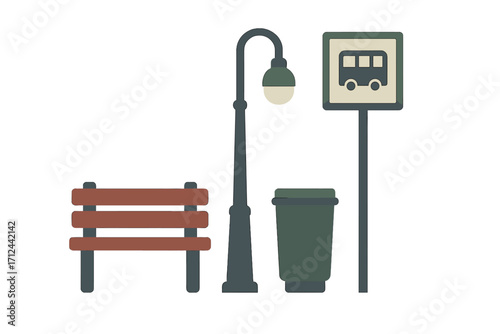 Urban bus stop scene with bench, lamp post, and trash can on a clear day displaying public transportation options