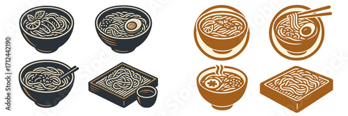 Variety of delicious Japanese ramen noodle soup dishes presented in stylized bowls with fresh ingredients and chopsticks