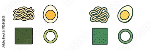 Cooking ingredients arranged with noodles, eggs, and seaweed for a healthy meal preparation