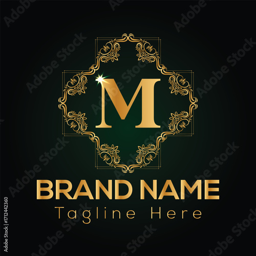 Golden ornate letter M logo with decorative flourishes and brand name text vector