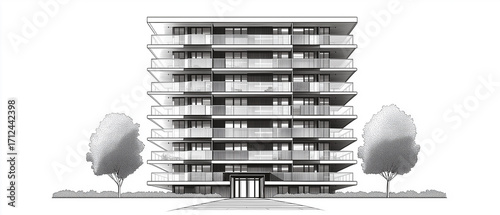 A detailed monochrome illustration of a tall apartment tower