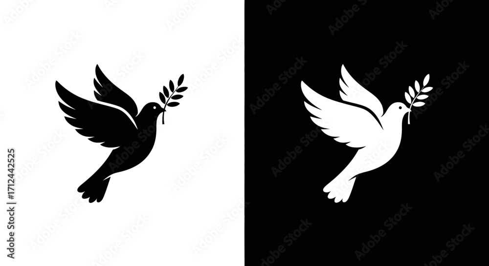 Fototapeta premium Two doves, one black and one white, each carrying an olive branch, symbolizing peace and hope.