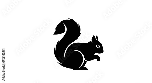 A stylized black silhouette of a squirrel with a bushy tail, standing on its hind legs.