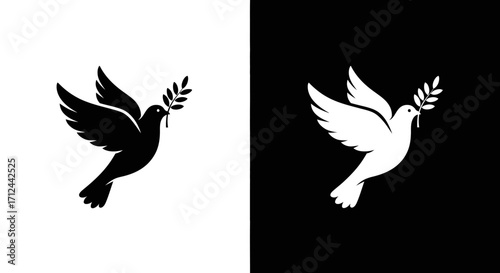 Two doves, one black and one white, each carrying an olive branch, symbolizing peace and hope.