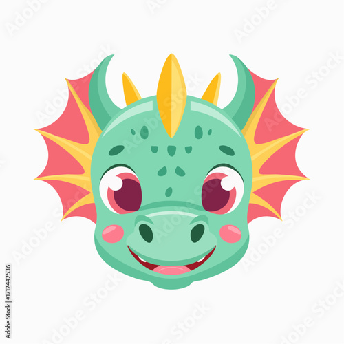Adorable baby dragon face. A cute and friendly fantasy reptile monster head with big eyes and a smile, designed in a flat cartoon vector style for children