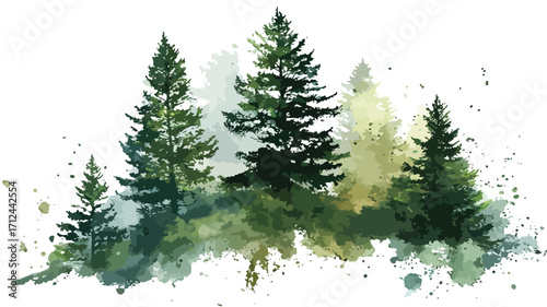 Peaceful Watercolor Painting of Lush Green Pine Trees