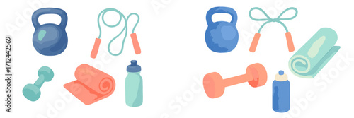 Collection of essential fitness and workout equipment including kettlebells, dumbbells, jump ropes, and yoga mats