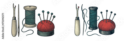 Traditional sewing accessories featuring a teal thread spool, red pincushion with pins, a seam ripper, and a sewing needle