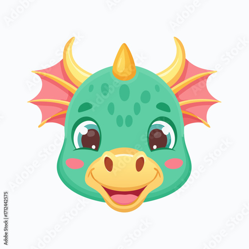 Cute green dragon head cartoon character with a happy smile. Adorable mythical creature face illustration for children isolated on white