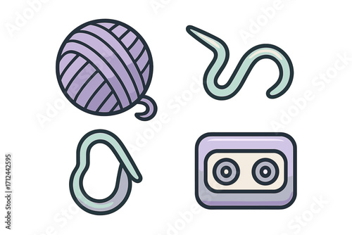Creative illustration of yarn, knitting hook, snake, and tape cassette for crafting and retro themes