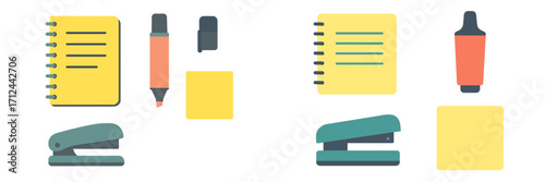 Collection of colorful stationery items arranged neatly on a clean surface for office organization and creativity