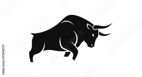 Powerful black bull silhouette, charging forward, strong horns, muscular build.