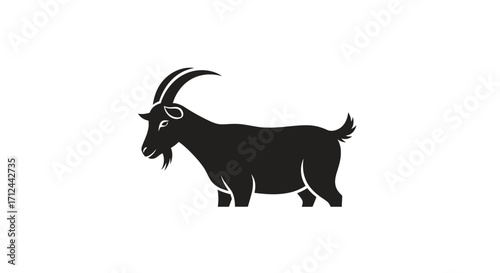 A stylized silhouette of a standing goat, showcasing its horns and beard.
