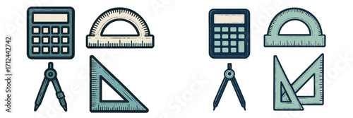 Assortment of essential mathematical and geometry tools for education, engineering, and design projects including calculators
