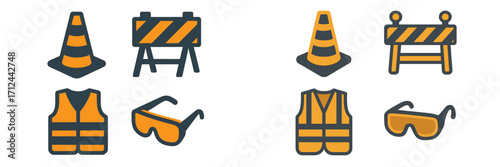 Safety gear and construction signs for roadwork in urban setting with safety focus
