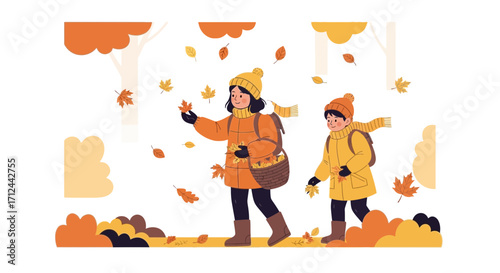 Autumn Walk, Children Collecting Fall Leaves, Happy Togetherness, Outdoor Adventure