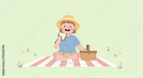 Cheerful Young Person Enjoying A Picnic Amidst Nature, Eating A Sandwich, Smiling Widely