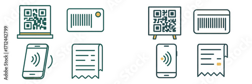 Illustrations showing QR codes and barcode scanning methods on various devices and surfaces for modern shopping experiences