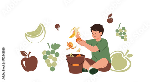 Cheerful Youngster Sorting Fresh Orchard Produce Into a Compost Storage Container
