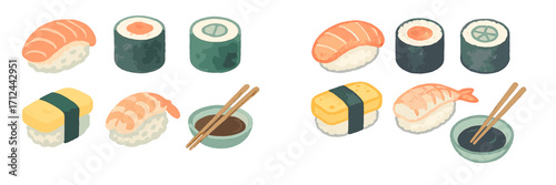 Delicious sushi platter showcasing various styles including rolls and sashimi in a bright, colorful design
