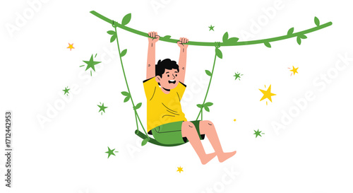 Cheerful Youngster Swinging on Vine Amidst Whimsical Stars And Lush Foliage  Illustratration