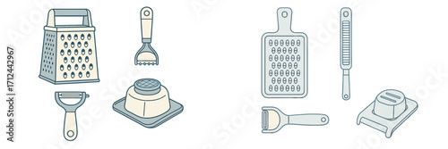 Variety of kitchen tools including graters, peelers, and mashers for culinary tasks and food preparation