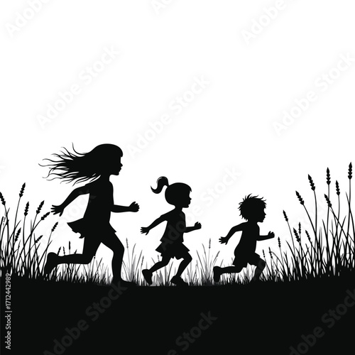 Three children running through grass and reeds silhouette
