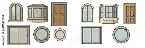Diverse collection of architectural windows and doors including bay, arched, sliding, and porthole styles