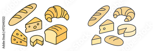 Delicious baked goods and fresh cheese products, including bread, croissants, and various cheeses, arranged for a delightful breakfast or snack spread