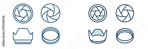 Set of camera lens aperture and hood icons showing different opening sizes and protective gear designs for photography equipment