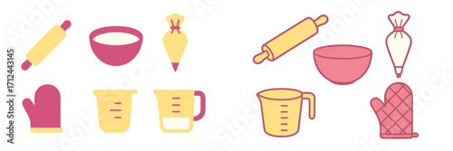 Baking tools and utensils arranged in a colorful design for home cooking enthusiasts