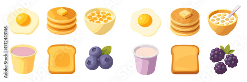 Delicious breakfast food items including fried eggs, fluffy pancakes, crunchy cereal, fresh berries, and creamy yogurt