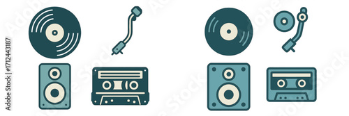 Vintage music equipment including vinyl records, turntables, and cassette players for music lovers