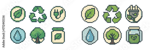 Pixel art environmental sustainability icons set with nature, recycling, and green energy symbols
