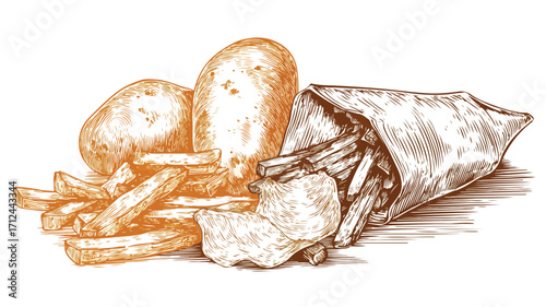Traditional Vintage Vector Illustration of Delicious Crispy Potato French Fries