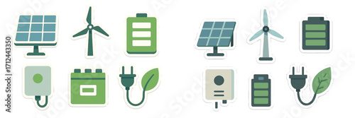 Collection of green energy icons featuring solar panels, wind turbines, and batteries for sustainable power solutions