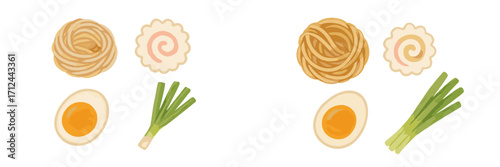 Colorful illustration of ramen ingredients including noodles, eggs, and green onions on a white background