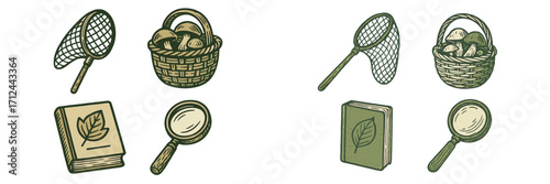 Exploring nature's bounty with baskets, nets, and guides for foraging mushrooms and leaves in the forest