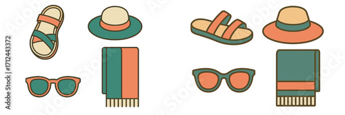 Colorful summer accessories including hats, sandals, and sunglasses arranged on a flat surface for a sunny day