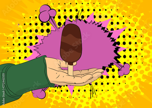 Cartoon, comic book human hands holding Ice Cream. Retro vector comics pop art design.