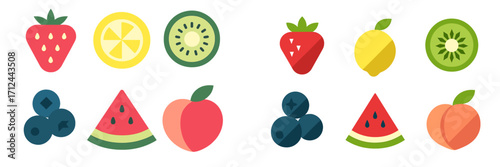 Vibrant collection of fresh healthy fruits and berries: strawberry, lemon, kiwi, blueberry, watermelon, peach in modern flat design for healthy eating