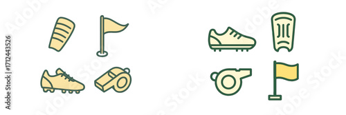 Soccer gear and accessories displayed together in a simple design, showing cleats, shin guards, flags, and a whistle on a clean background