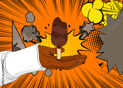 Cartoon, comic book human hands holding Ice Cream. Retro vector comics pop art design.