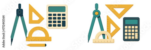 Collection of essential geometry and arithmetic tools including compass, protractor, set squares, and calculators