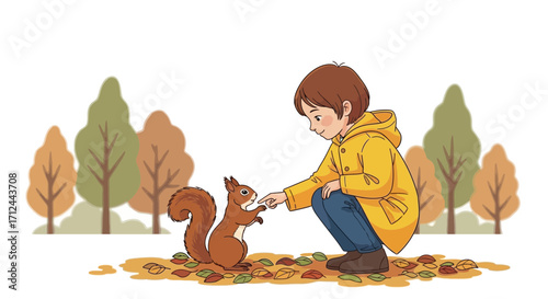 Autumnal Encounter: A Young Human Interacts With A Squirrel In A Peaceful Forest Scene