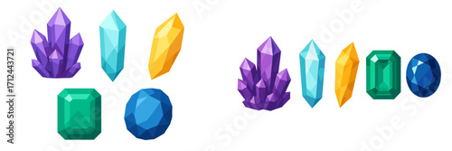 Colorful crystal collection displayed on a white background showcasing various shapes and sizes in a vibrant arrangement