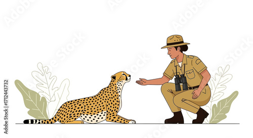 Cheetah And Wildlife Enthusiast Interaction Near Foliage, A Vector Illustration